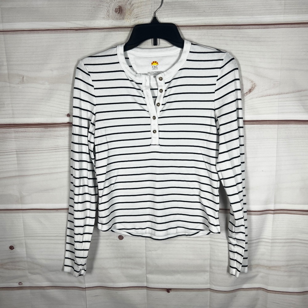 C&C California Henley Top Womens Small White Black Striped Long Sleeve Cotton